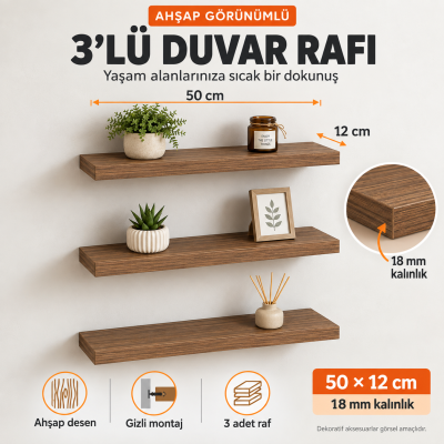 MDF Duvar Rafı Seti 3'lü, 50x12 cm, 18 mm, Ceviz