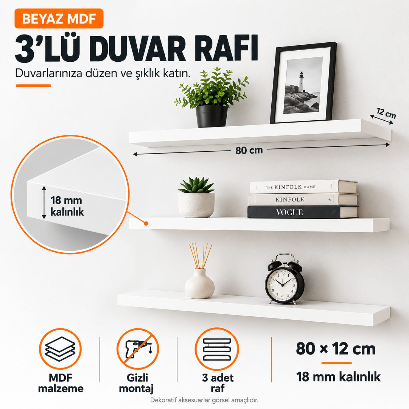 MDF Duvar Rafı Seti 3'lü, 80x12 cm, 18 mm, Beyaz – Kitaplık Rafı