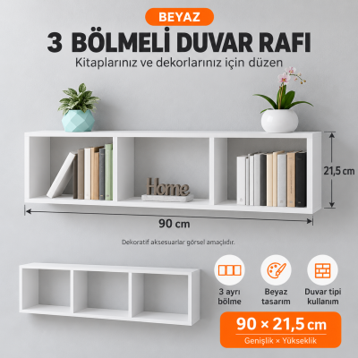 Bi Demonte Sema Yatay Duvar Rafı, Beyaz – 90 x 21,5 x 17 cm, Suntalam