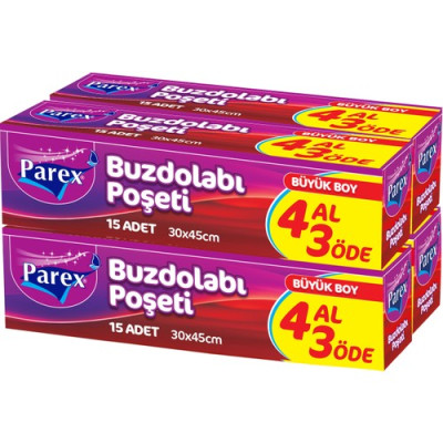 Parex Büyük Boy Buzdolabı Poşeti 30x45 cm 15'li, 4 Kutu