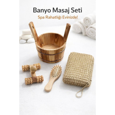 Doğal Ahşap Banyo Masaj Seti 4 Parça – Kova, Fırça, Masaj Aleti ve Banyo Lifi