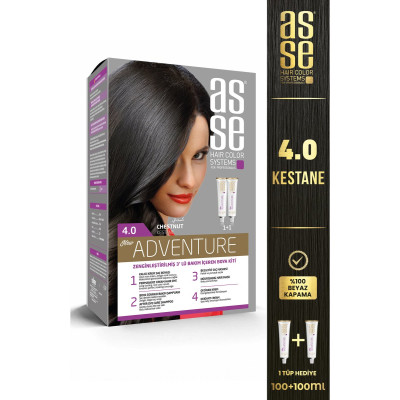 Asse Adventure Set Saç Boyası No:4.0 Kestane – Kalıcı Krem Boya, 1+1 İki Kullanım