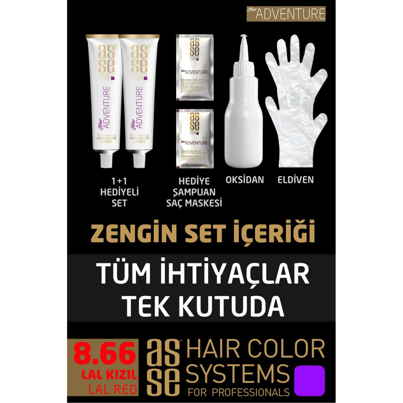 Asse Adventure Set Saç Boyası No:8.66 Lal Kızıl – Kalıcı Krem Boya, 1+1 İki Kullanım