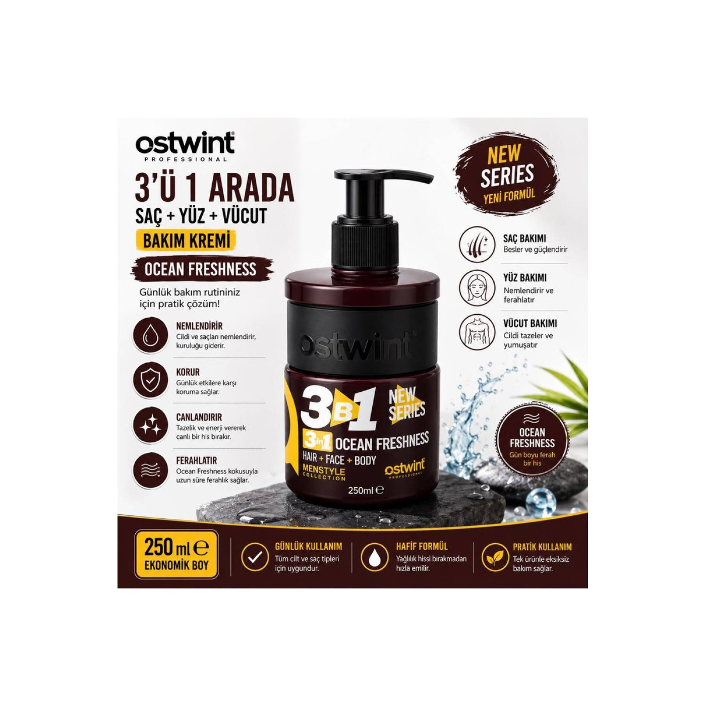 Ostwint Professional 3'ü 1 Arada Saç, Yüz ve Vücut Bakım Kremi Ocean Freshness 250 ml