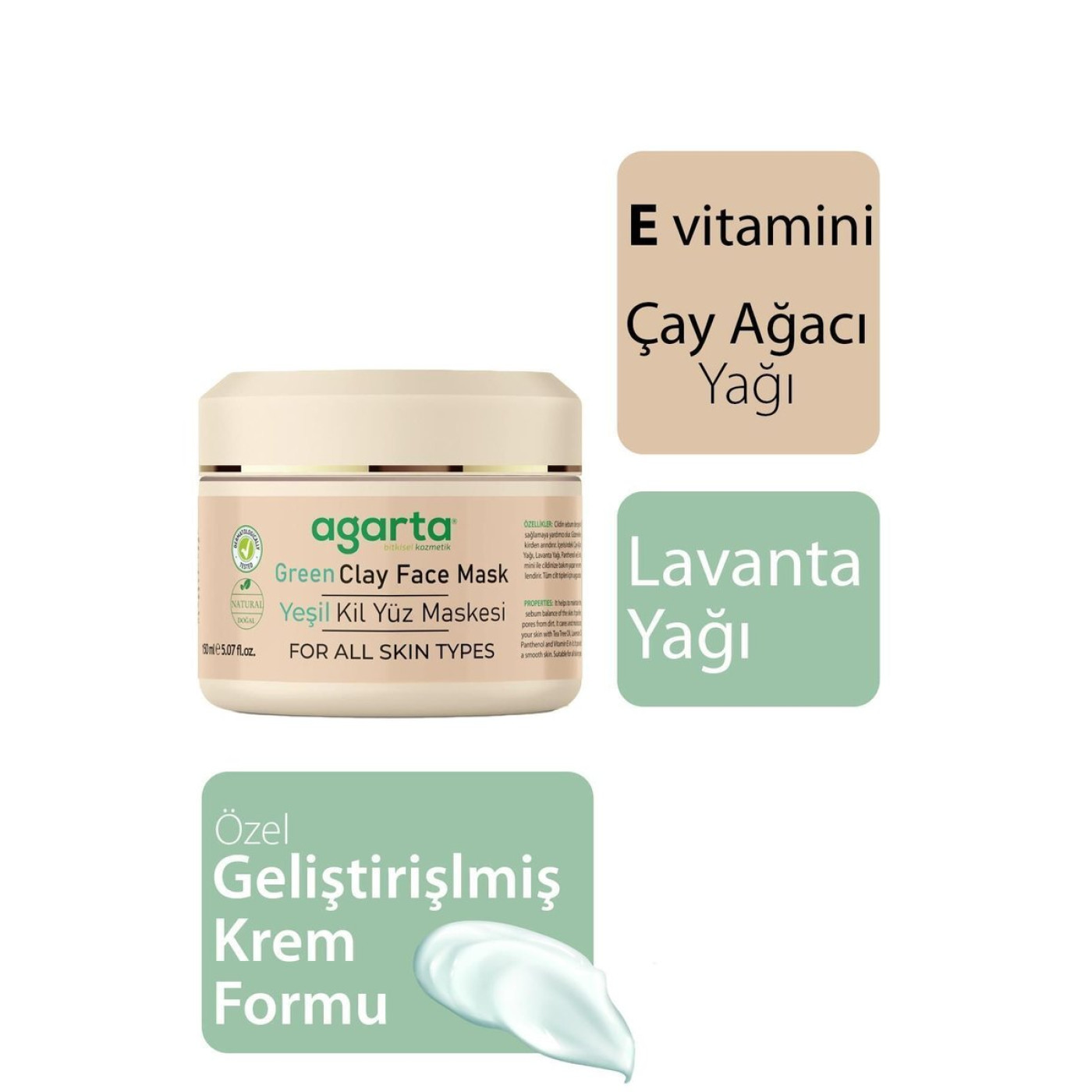 Agarta Yeşil Kil Maskesi 150 ml – Çay Ağacı ve Lavanta Özlü