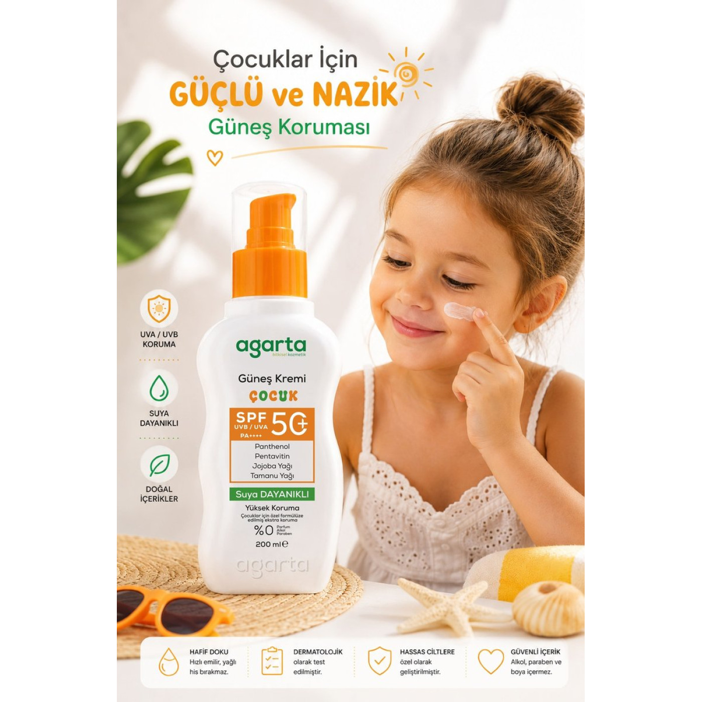 Agarta Kids Suya Dayanıklı Güneş Kremi SPF 50+ 200 ml – Yüz ve Vücut, 3 Yaş Üstü