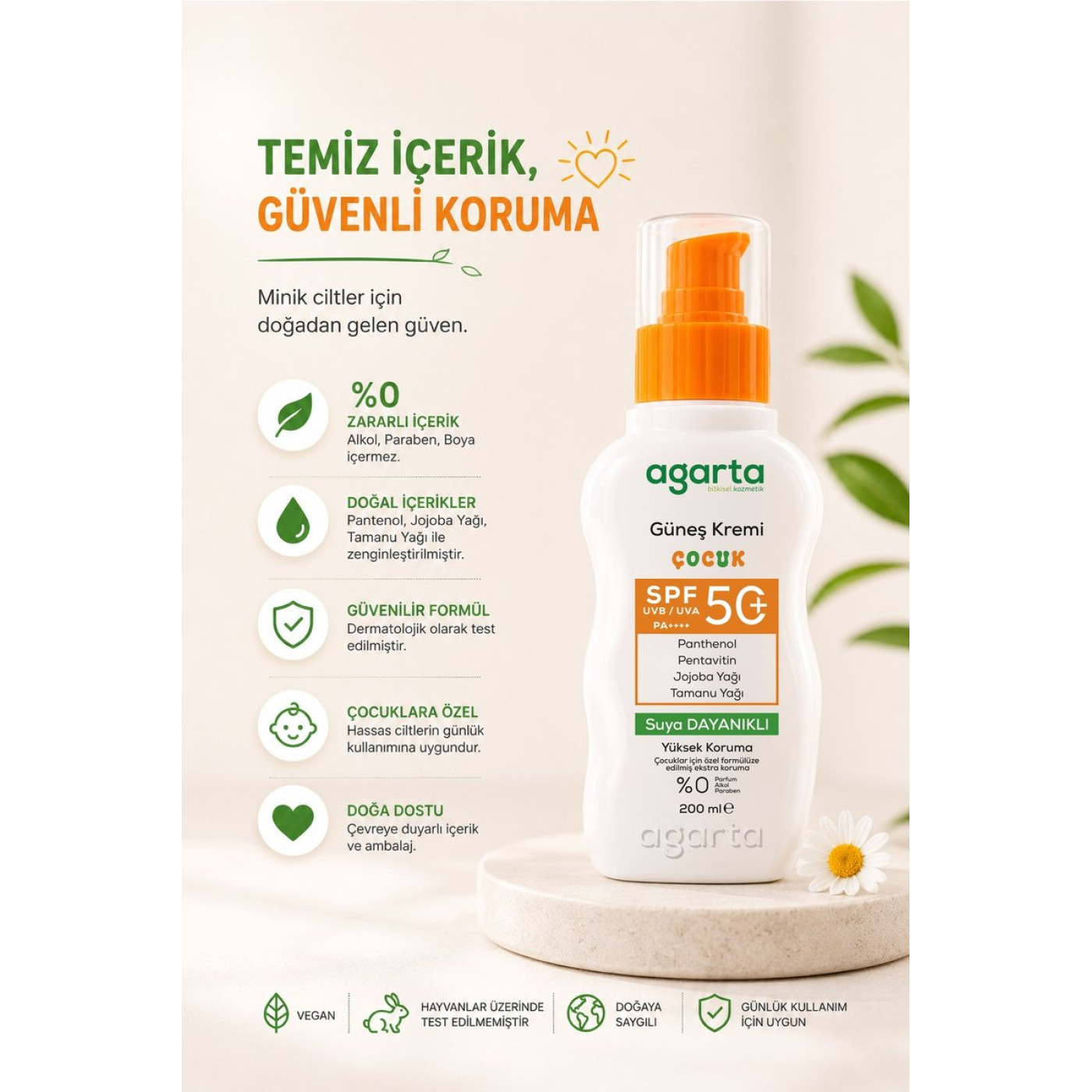 Agarta Kids Suya Dayanıklı Güneş Kremi SPF 50+ 200 ml – Yüz ve Vücut, 3 Yaş Üstü