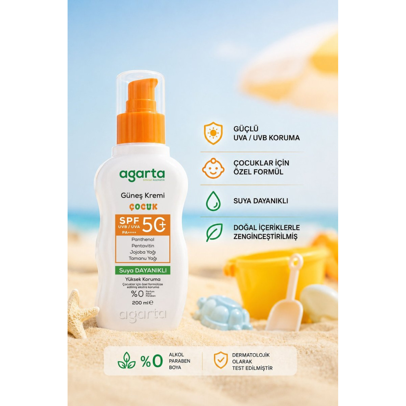 Agarta Kids Suya Dayanıklı Güneş Kremi SPF 50+ 200 ml – Yüz ve Vücut, 3 Yaş Üstü
