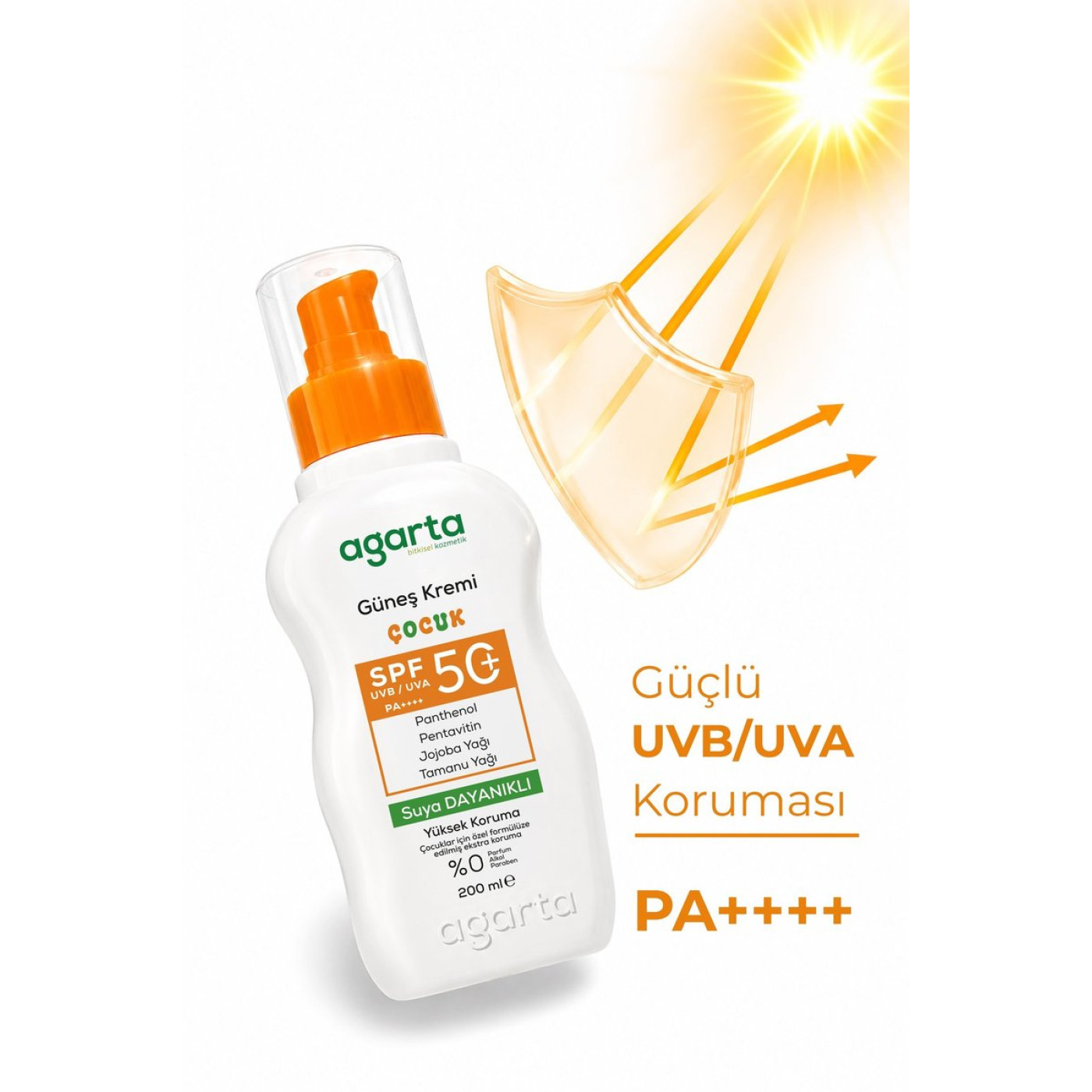 Agarta Kids Suya Dayanıklı Güneş Kremi SPF 50+ 200 ml – Yüz ve Vücut, 3 Yaş Üstü