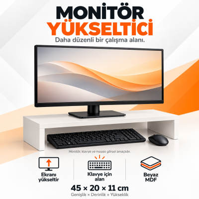 Beyaz MDF Monitör Yükseltici Standı 45x20x11 cm – Masaüstü Organizer ve Ekran Yükseltici